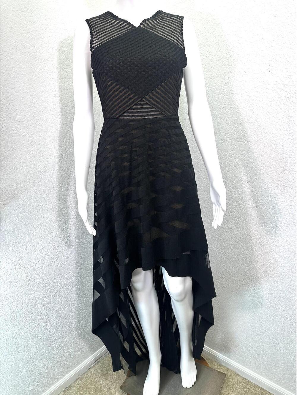 Women’s Sz 0 BCBGMaxAzria Black Mesh Stripe High Low Cocktail Dress Evening